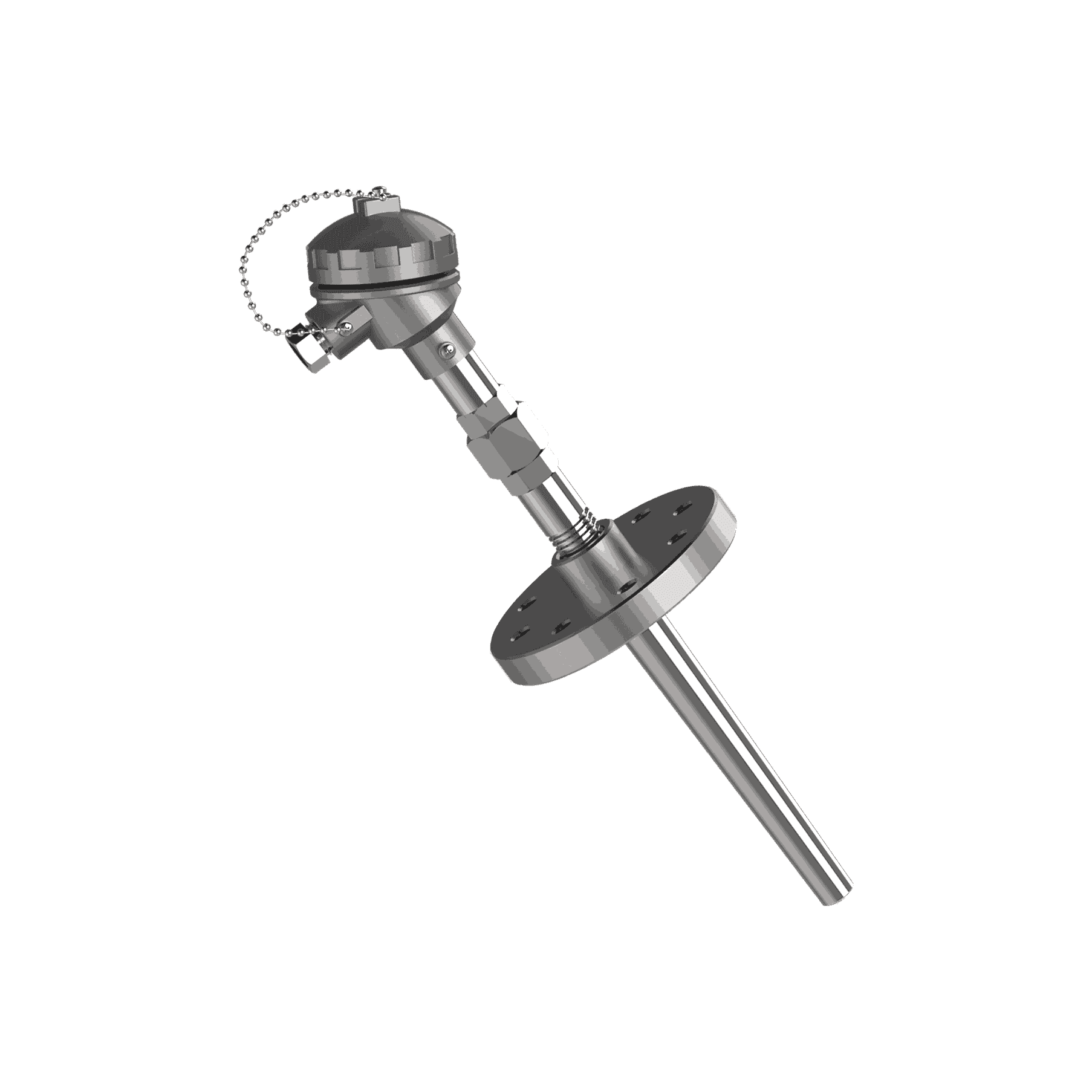 Thermocouple T-727 avec mamelon-union-mamelon, bride et doigt de gant conique
