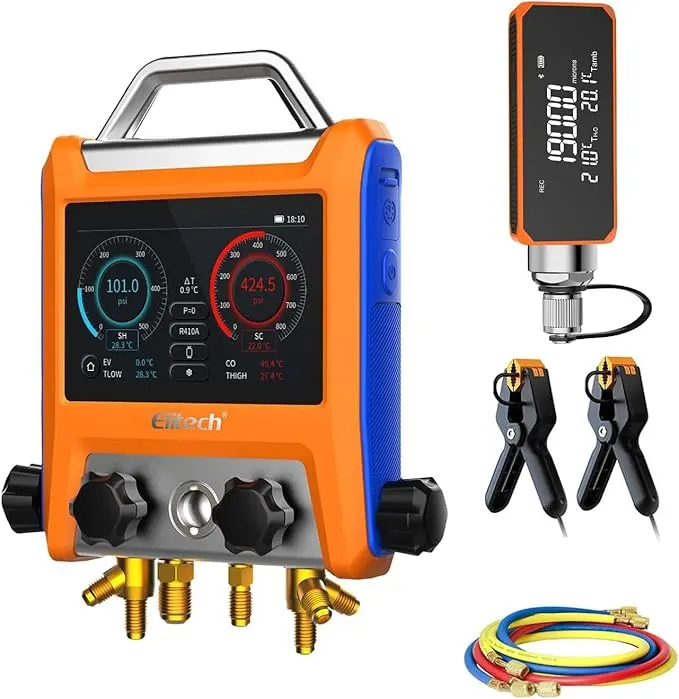 Elitech EMG-40VPro – 4-valve digital manifold with micron gauge and clamps
