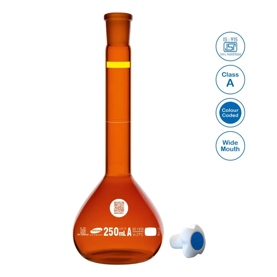 Volumetric Flask Wide Mouth Amber Class A Color Coded
