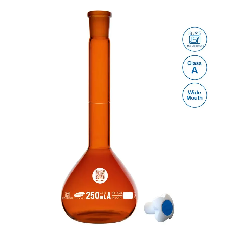 Fiole jaugée col large, verre ambré, classe A