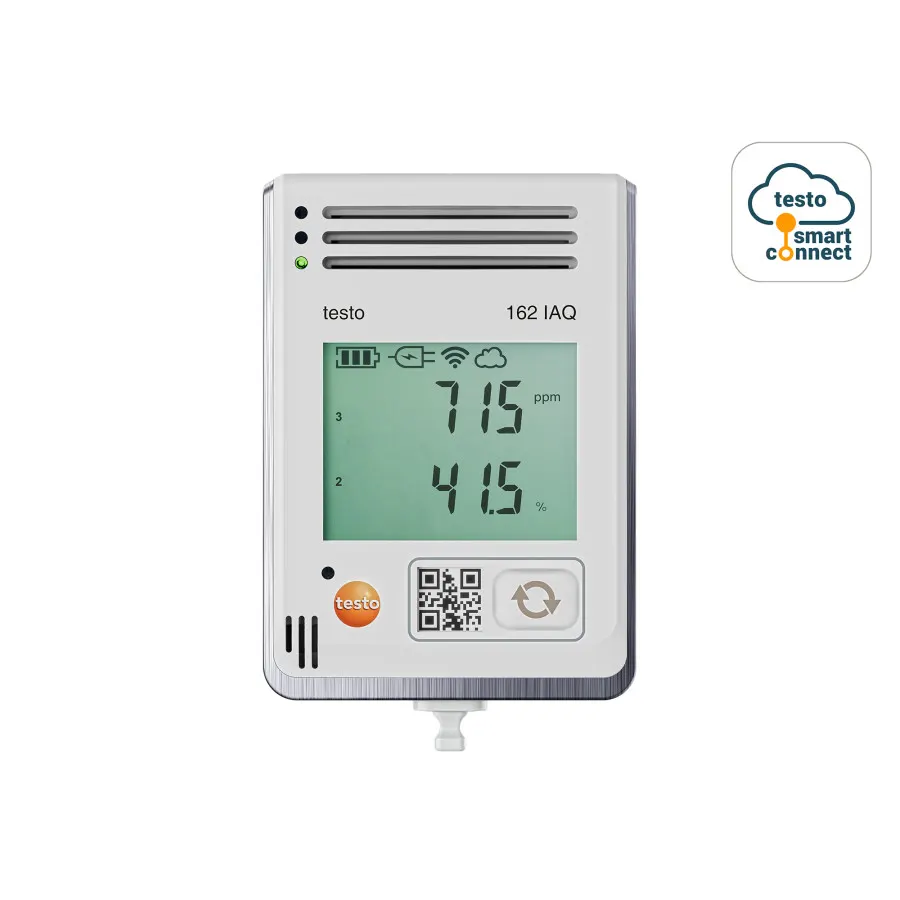 testo 162 IAQ - Enregistreur de données en ligne avec afficheur et capteurs intégrés pour la température, l’humidité, le CO2 et la pression atmosphérique