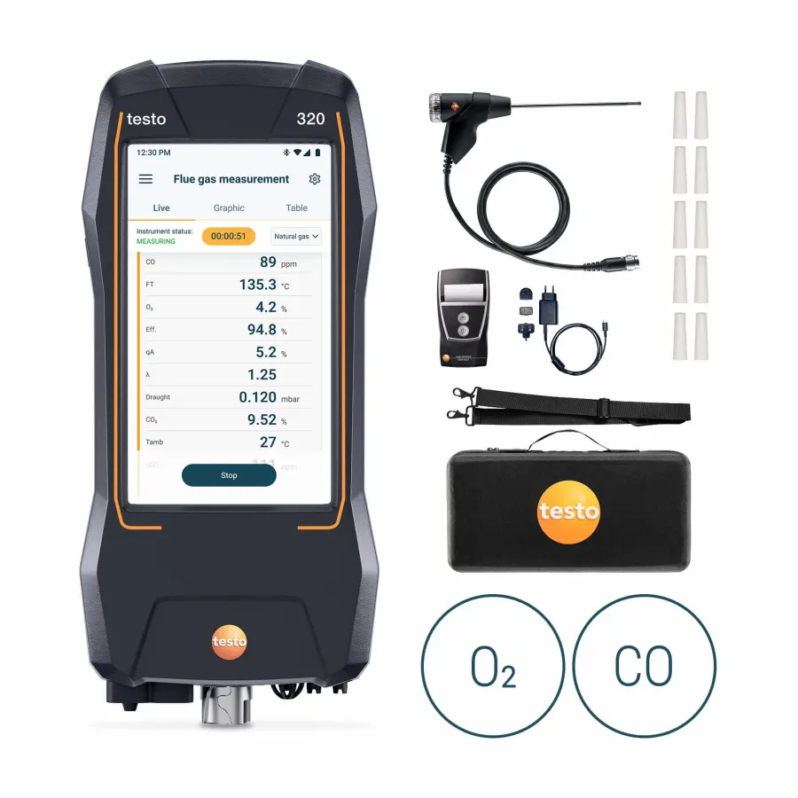 testo 320 Initial avec imprimante - Kit analyseur de combustion avec capteurs O₂ et CO jusqu’à 5 000 ppm, imprimante Bluetooth® incluse