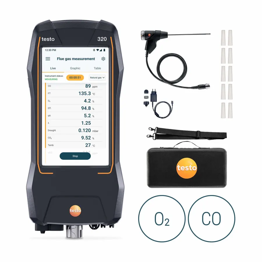 testo 320 Initial - Kit analyseur de combustion avec capteurs O₂ et CO jusqu’à 5 000 ppm
