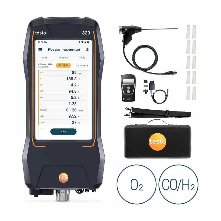 testo 320 Pro avec imprimante - Kit analyseur de combustion avec capteurs O₂ et CO jusqu’à 10 000 ppm, évolutif NO, imprimante Bluetooth® incluse