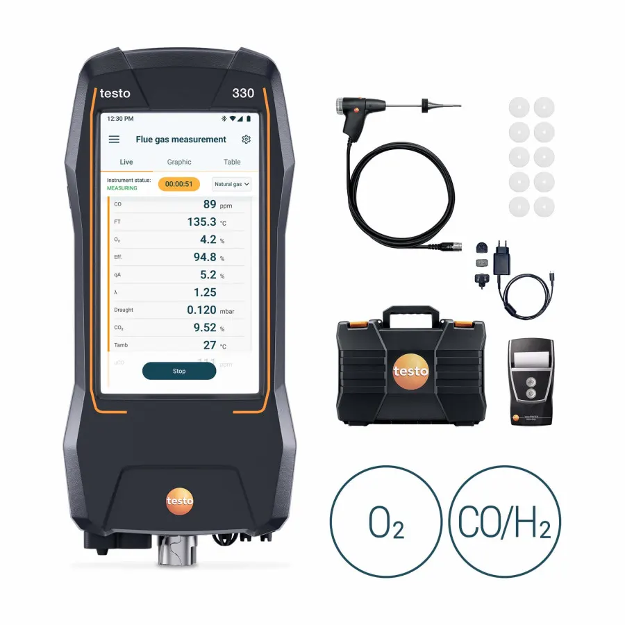 testo 330 LL Premium avec imprimante - Kit analyseur de combustion avec capteurs O₂ et CO jusqu’à 40 000 ppm, évolutif NO, imprimante incluse