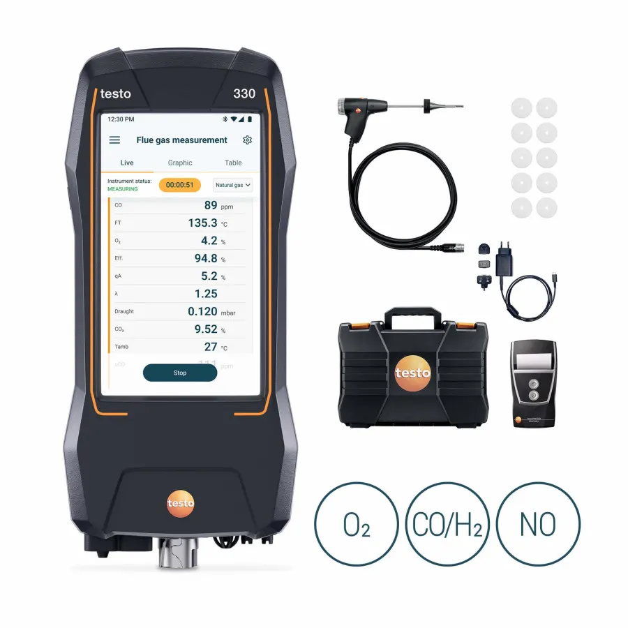testo 330 LL Premium NOx avec imprimante - Kit analyseur de combustion avec capteurs O₂, CO jusqu’à 40 000 ppm et NOx, imprimante incluse
