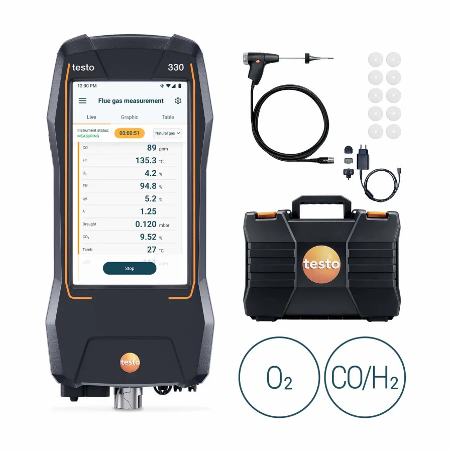 testo 330 LL Premium - Kit analyseur de combustion avec capteurs O₂ et CO jusqu’à 40 000 ppm, évolutif NO