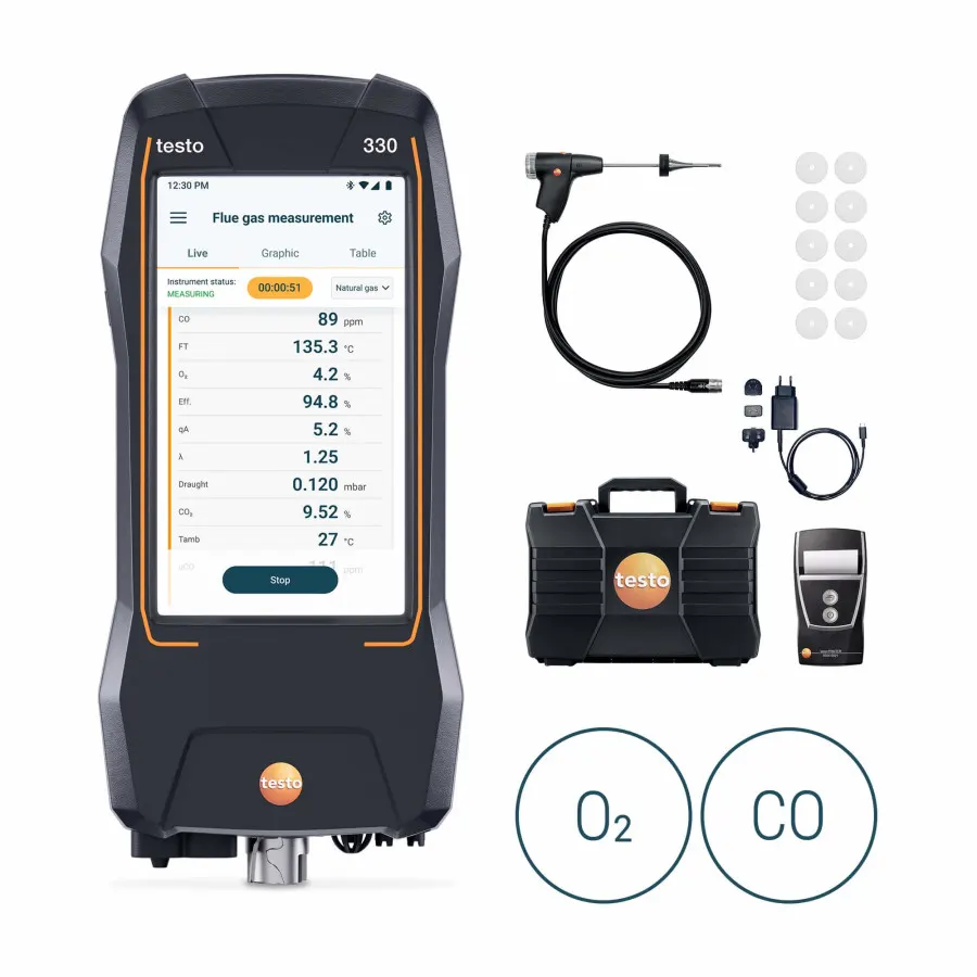 testo 330 LL Pro avec imprimante - Kit analyseur de combustion avec capteurs O₂ et CO jusqu’à 20 000 ppm, évolutif NO, imprimante incluse