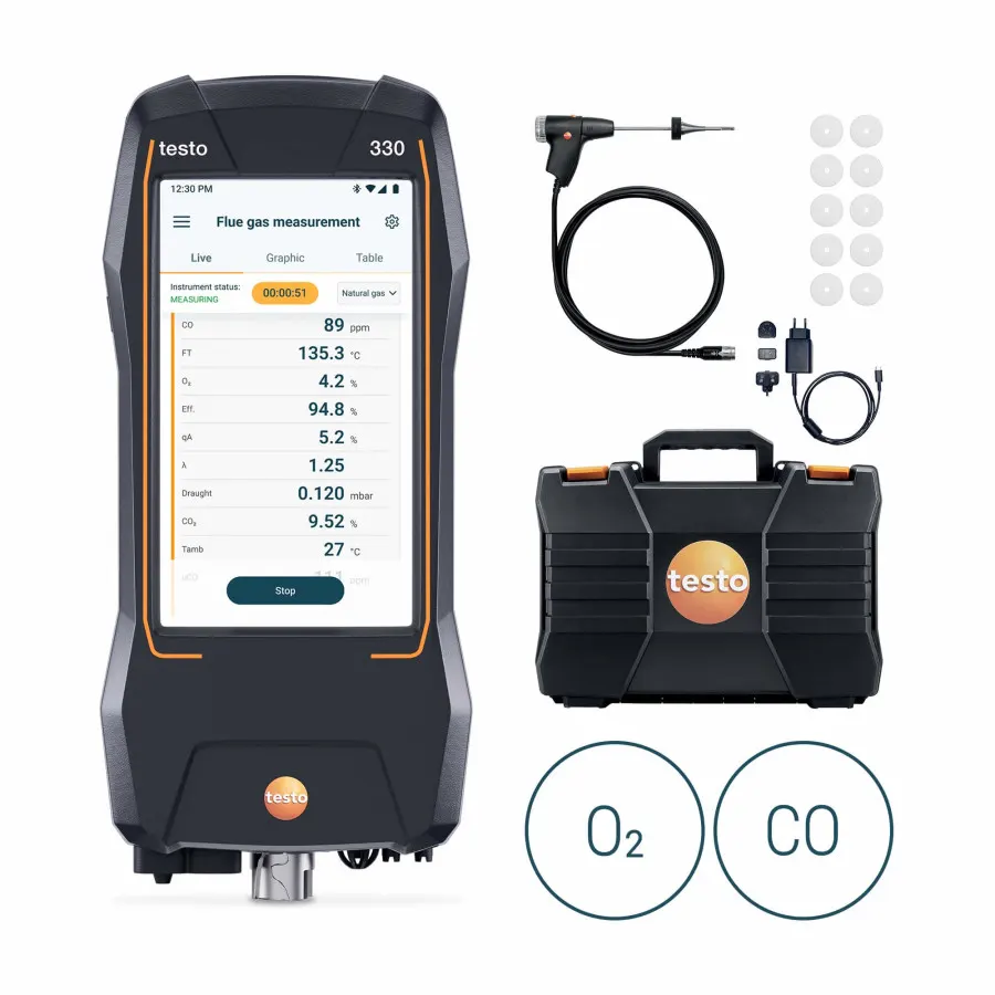 testo 330 LL Pro - Kit analyseur de combustion avec capteurs O₂ et CO jusqu’à 20 000 ppm, évolutif NO