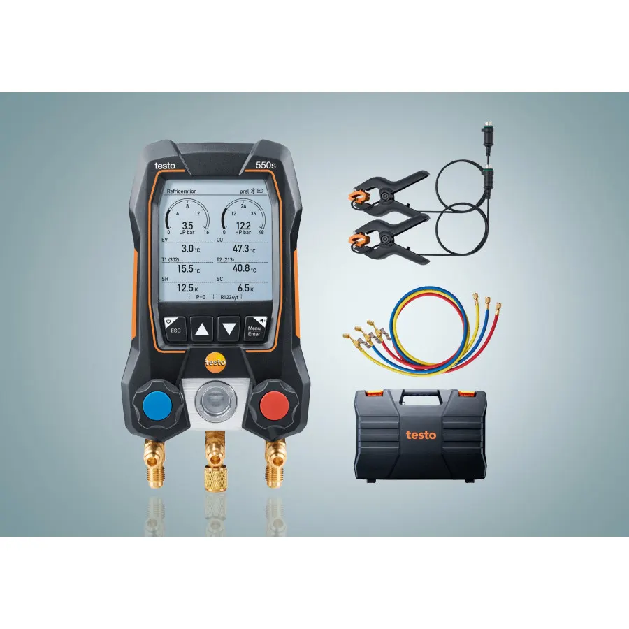 testo 550s kit Basic avec jeu de flexibles - Manifold électronique intelligent avec sondes de température filaire à pince et jeu de 3 flexibles