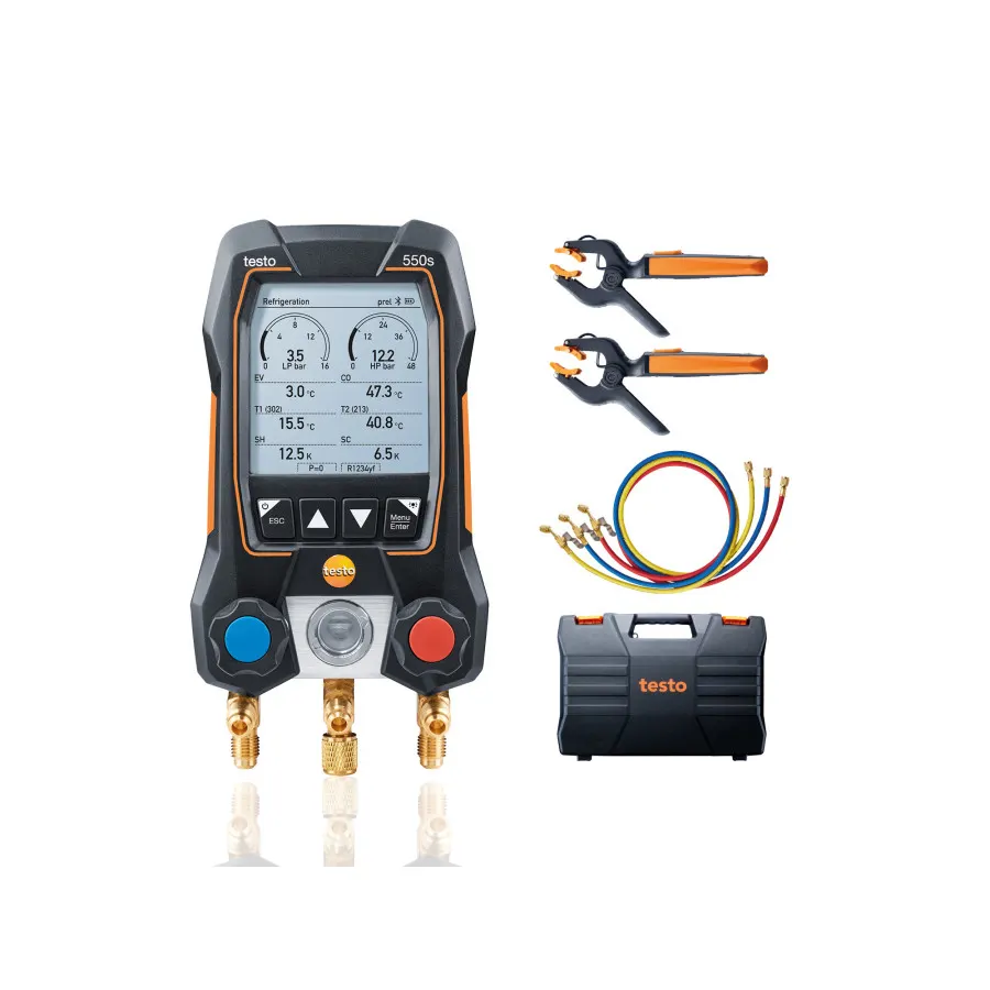 testo 550s kit Smart avec jeu de flexibles - Manifold électronique intelligent avec sondes de température à pince sans fil et jeu de 3 flexibles