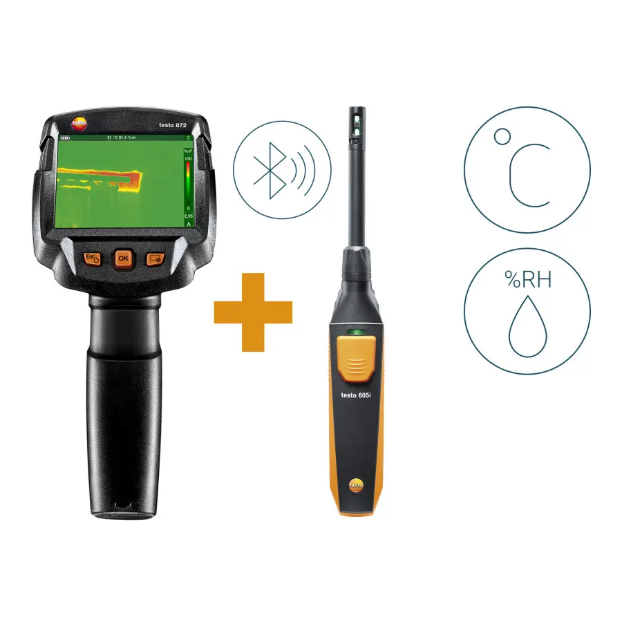 testo 872s Kit de diagnostic des bâtiments - Caméra thermique testo 872s avec sonde d’humidité Bluetooth testo 605i